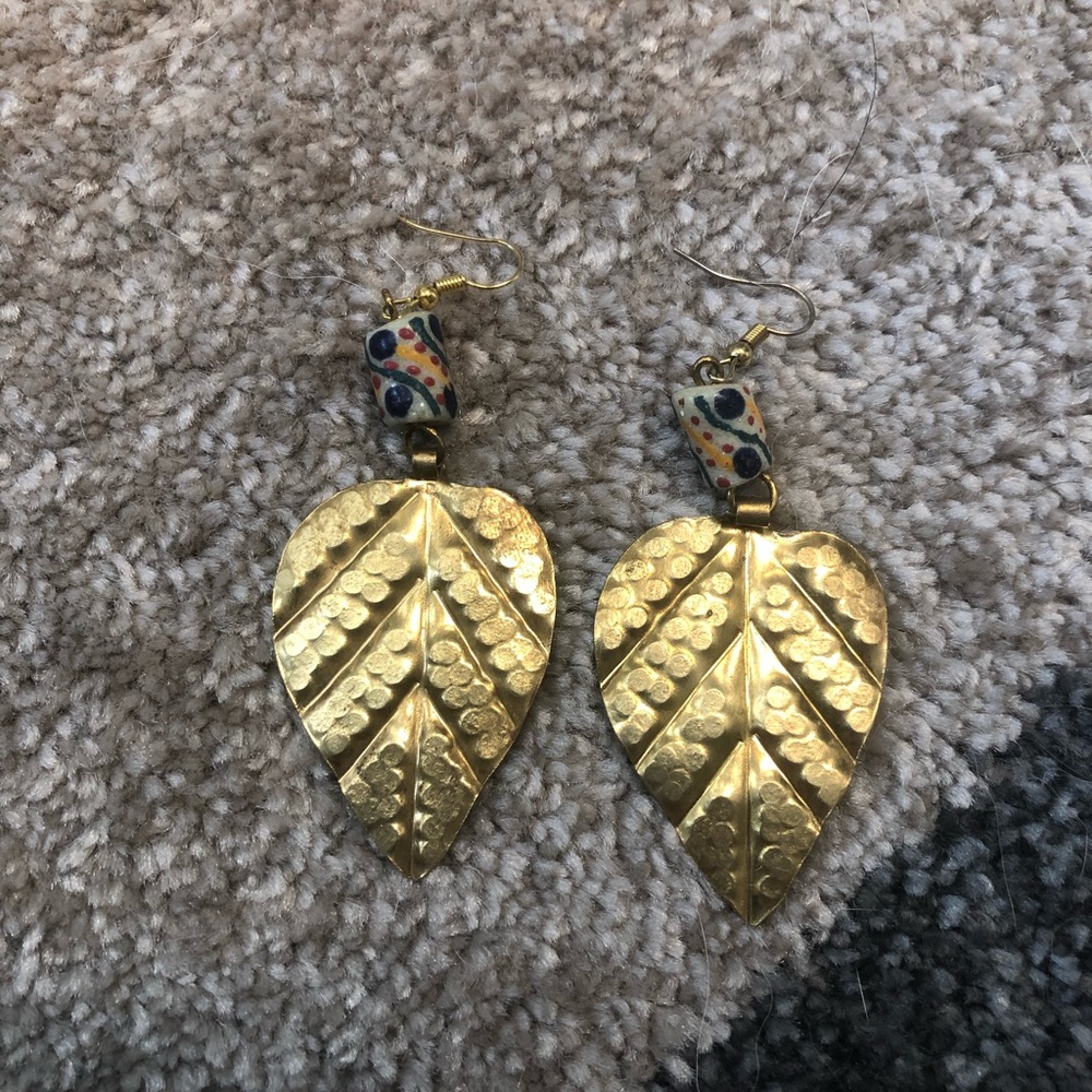 Brass Leaf Earrings with Beaded Accent